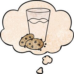 cartoon cookies and milk and thought bubble in grunge texture pattern style