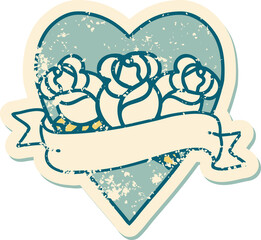 distressed sticker tattoo style icon of a heart and banner with flowers