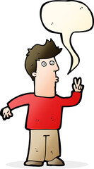 cartoon man giving peace sign with speech bubble