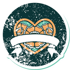 distressed sticker tattoo style icon of a heart and banner with flowers