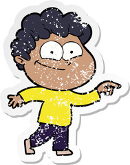 distressed sticker of a cartoon happy man