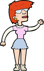 cartoon woman in spectacles waving