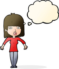 cartoon woman shrugging with thought bubble
