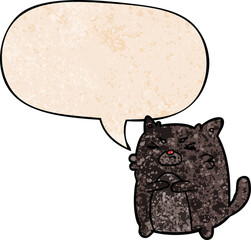 cartoon angry cat and speech bubble in retro texture style