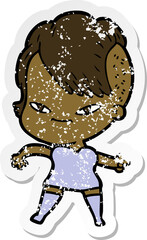 distressed sticker of a cute cartoon girl with hipster haircut