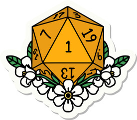 natural one dice roll with floral elements sticker
