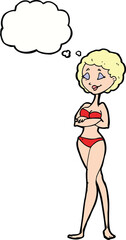 cartoon retro woman in bikini with thought bubble