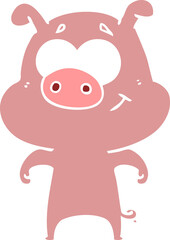 happy flat color style cartoon pig
