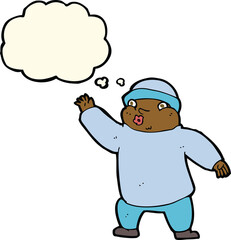 cartoon man in hat waving with thought bubble