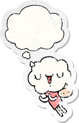 cute cartoon cloud head creature and thought bubble as a distressed worn sticker