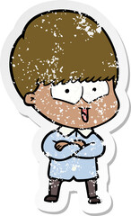 distressed sticker of a cartoon happy boy
