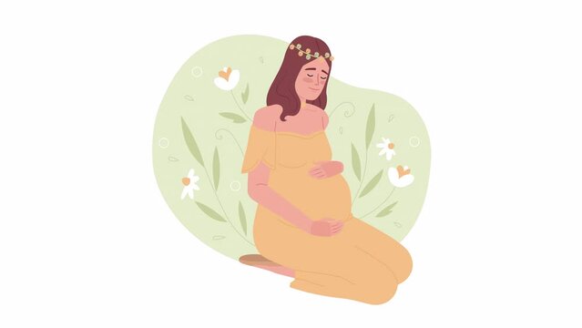Animated pregnancy emotional support. Pregnant lady with flower crown. Flat 2D character 4K video footage. Color isolated animation with alpha channel transparency for web design, site, social media