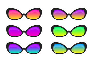 Set of 6 elements on a white background. Fashionable sunglasses with multicolored gradient lenses.