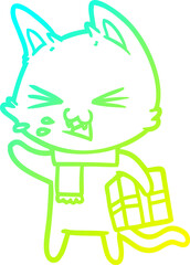 cold gradient line drawing cartoon hissing cat with christmas present