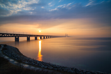 The Oresund Bridge is a combined motorway and railway bridge between Sweden and Denmark (Malmo and Copenhagen). Long exposure.