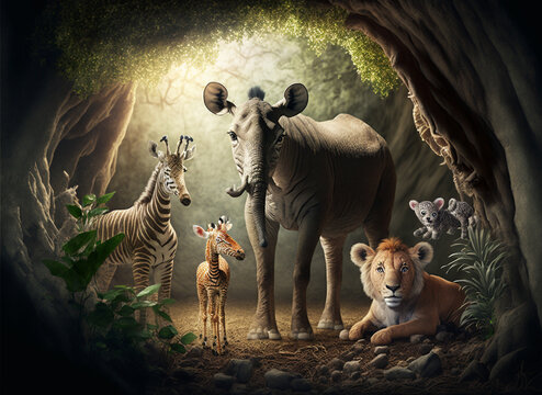 cute enchanted forest with a baby lion baby giraffe baby