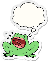 cartoon frog shouting and thought bubble as a printed sticker