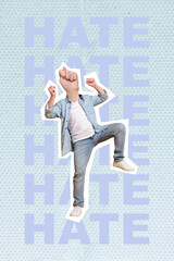 Vertical composite photo collage of young headless man thumb fig symbol negative hate concept...