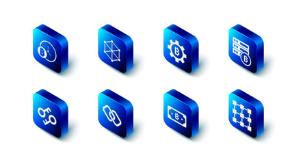 Set Blockchain technology, Cryptocurrency coin Bitcoin, Server bitcoin, Chain link, key and with clock icon. Vector