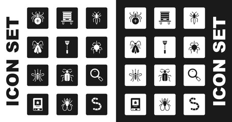 Set Spider, Fly swatter, Clothes moth, Hive for bees, Magnifying glass and Mosquito icon. Vector