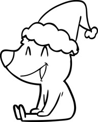 sitting bear line drawing of a wearing santa hat