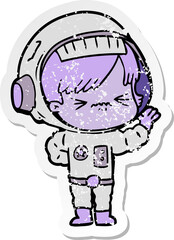 distressed sticker of a angry cartoon space girl waving