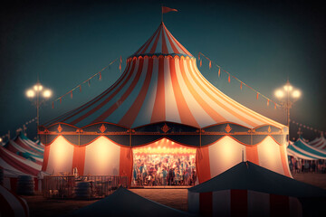 Circus Day, a festive red and white circus tent on the day of the festival against the backdrop of the city with people. Entertaining holiday concept and fun glowing lights. Generative AI.