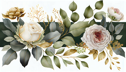 Watercolor seamless border of garden flowers, border illustration with green leaves and branches, for stationary, greetings, wallpapers, and fashion. 