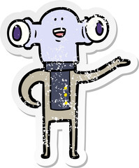 distressed sticker of a friendly cartoon alien gesturing
