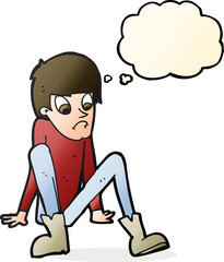 cartoon boy sitting on floor with thought bubble