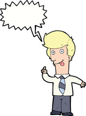 cartoon office man with crazy idea with speech bubble