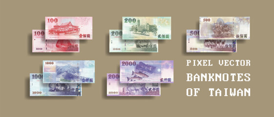 Vector set of pixelated mosaic banknotes of Taiwan. Notes in denominations of 100, 200, 500, 1000 and 2000 taiwanese dollars. - obrazy, fototapety, plakaty