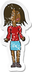 retro distressed sticker of a cartoon woman shrugging shoulders
