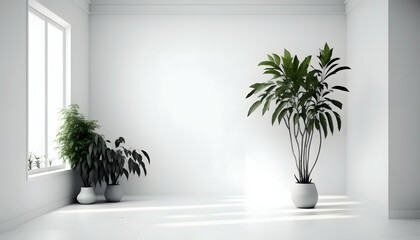 White wall empty room with plants backdrop, Minimal room corner background mockup for product presentation or branding with cozy soft sunlight