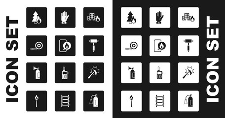 Set Fire in burning buildings, Phone with emergency call 911, hose reel, Burning forest tree, Firefighter axe, gloves, and extinguisher icon. Vector