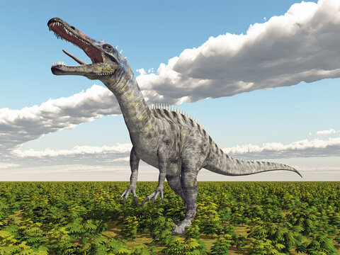 Dinosaurier Suchomimus in einer Landschaft