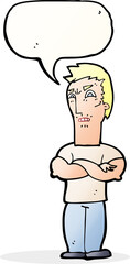 cartoon annoyed man with folded arms with speech bubble