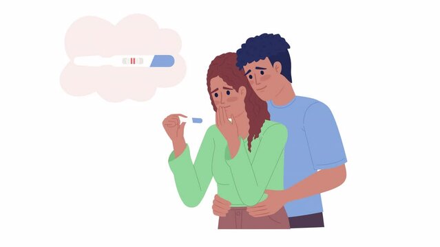 Animated anticipation of pregnancy. Supportive husband hugging pregnant wife. Flat characters animation on white background with alpha channel transparency. Color cartoon style 4K video footage