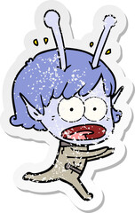 distressed sticker of a cartoon shocked alien girl