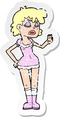 retro distressed sticker of a cartoon woman making dismissive gesture