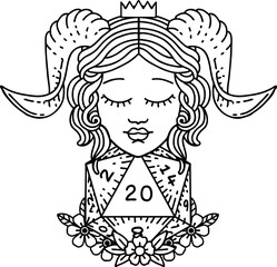 tiefling with natural twenty d20 dice roll illustration