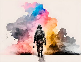 The soldier walks away, surrounded by clouds of colored smoke