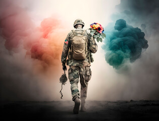 Fototapeta premium The soldier walks away, surrounded by clouds of colored smoke