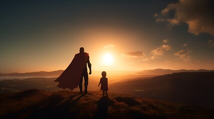 Father and his daughter playing outdoors. Daddy and his child girl in an Superhero's costume