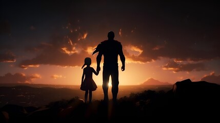 Father and his daughter playing outdoors. Daddy and his child girl in an Superhero's costume