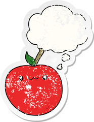 cartoon cute apple and thought bubble as a distressed worn sticker