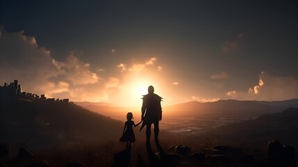 Father and his daughter playing outdoors. Daddy and his child girl in an Superhero's costume