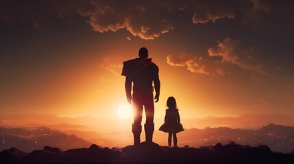 Father and his daughter playing outdoors. Daddy and his child girl in an Superhero's costume