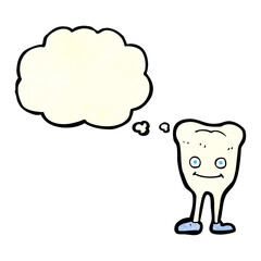 cartoon happy tooth with thought bubble