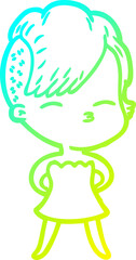 cold gradient line drawing cartoon squinting girl in dress